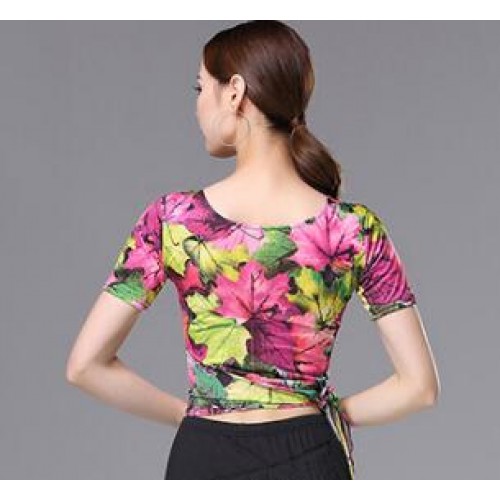 Women's pink floral latin dresses stage performance salsa chacha rumba samba dancing costumes tops and skirts